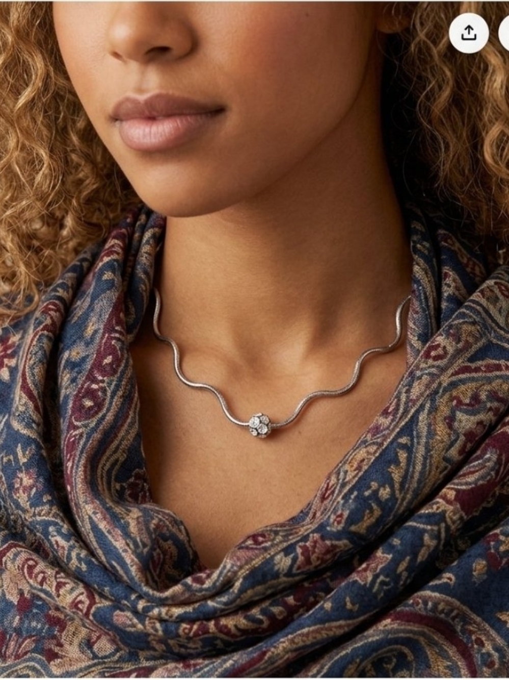 Wavy Silver Choker Necklace with Floral Accent - Women Jewelry